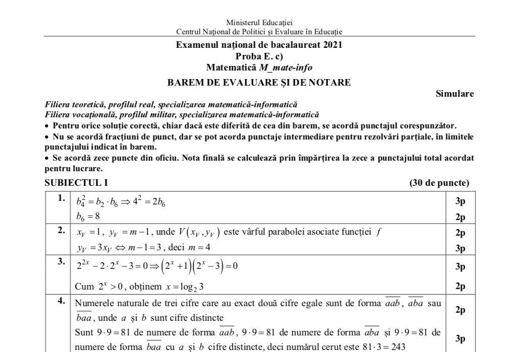 Subiectele și Baremele De Corectare De La Proba De Matematică A ...