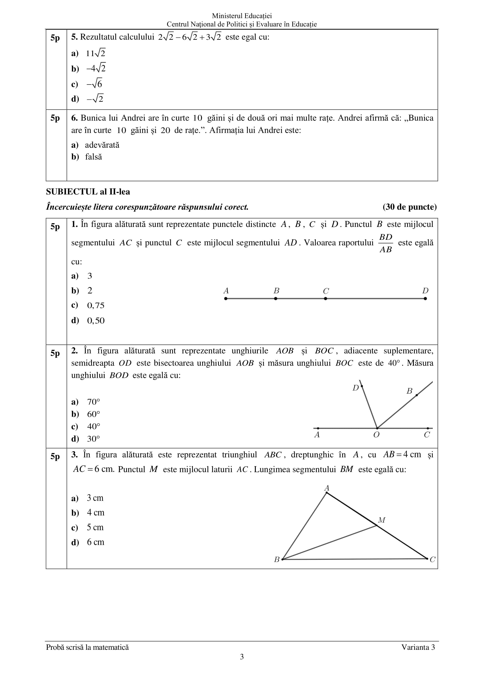 DOCUMENT Baremul De La Matematică, Pentru Subiectele De La Evaluarea ...