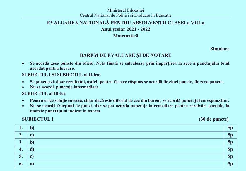 Baremele De Corectare și Notare Pentru Matematică, Simularea Evaluării ...