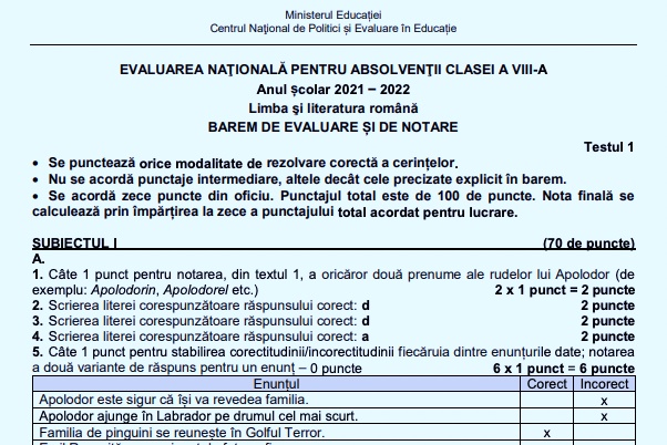 ULTIMA ORĂ Baremele De Corectare și Notare Pentru Testele De ...