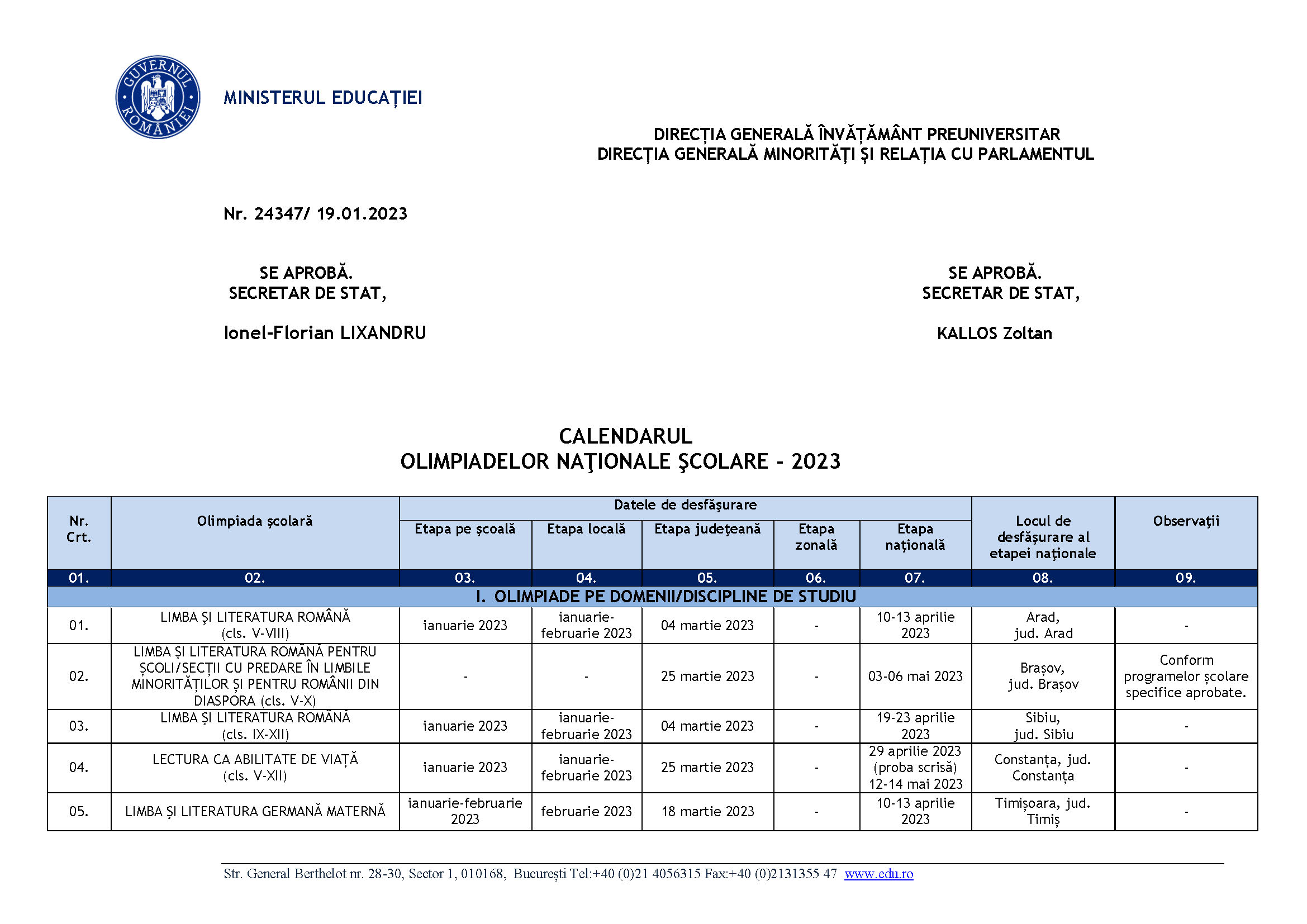 ULTIMA ORĂ Calendarele Olimpiadelor și Concursurilor școlare Din Anul ...