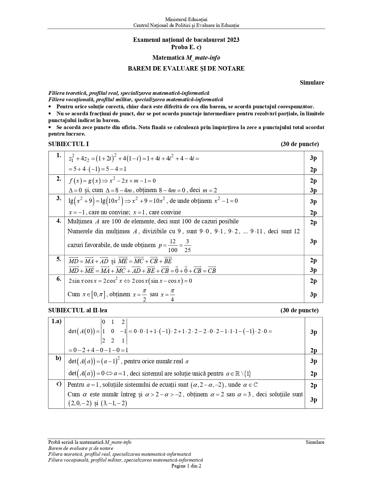 Subiectele și Baremele De Corectare De La Matematică, Simulare BAC 2023 ...