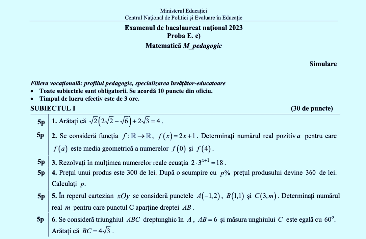 Subiectele și Baremele De Corectare De La Matematică, Simulare BAC 2023 ...